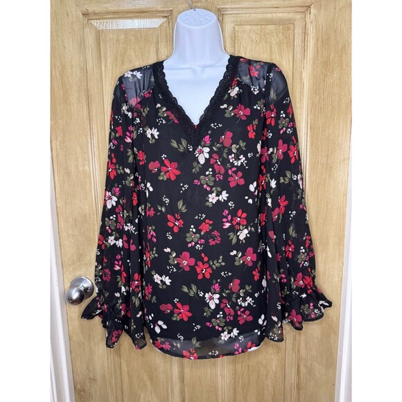 Lane Bryant Womens Black Red Floral Print Lace Sheer Lined Top Size 14 - Picture 1 of 7